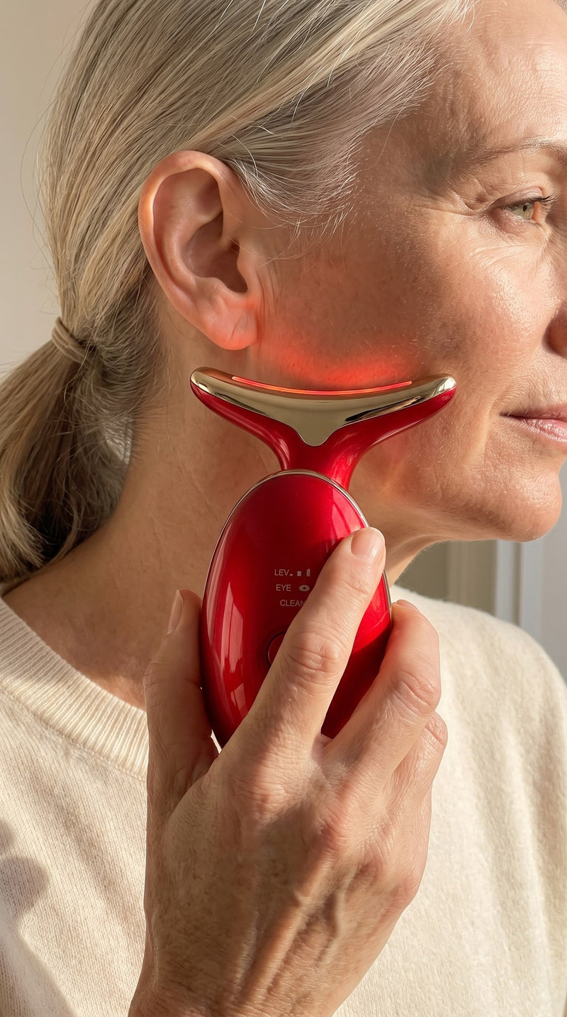 A woman in morning light drawing the sculpting massager along her jaw