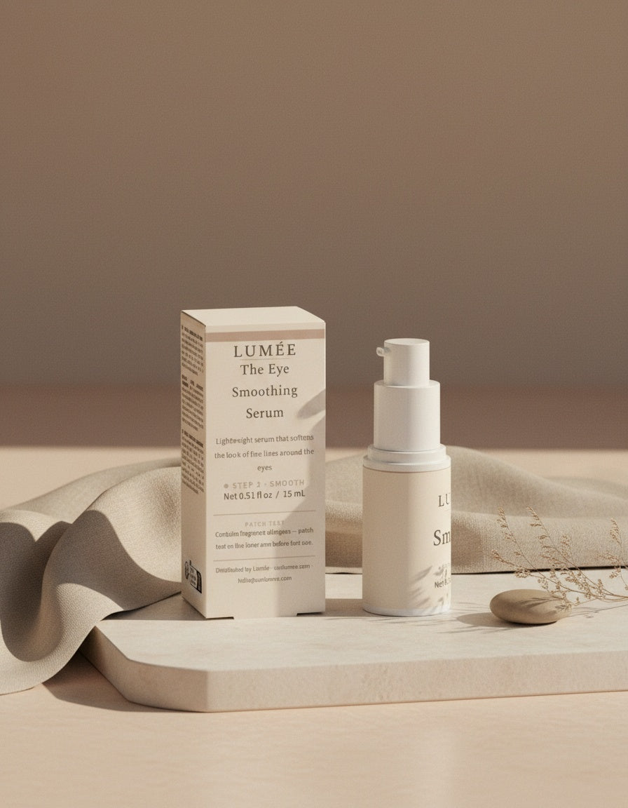 The Eye Smoothing Serum — Step 2 Smooth, box and pump on oatmeal linen