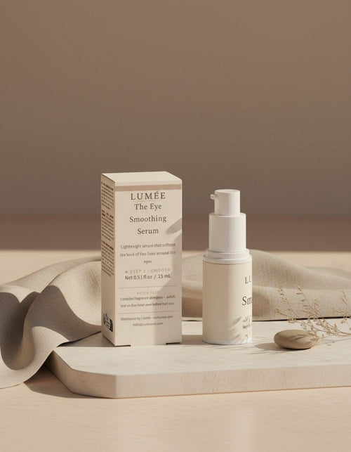 The Eye Smoothing Serum — Step 2 Smooth, box and pump on oatmeal linen
