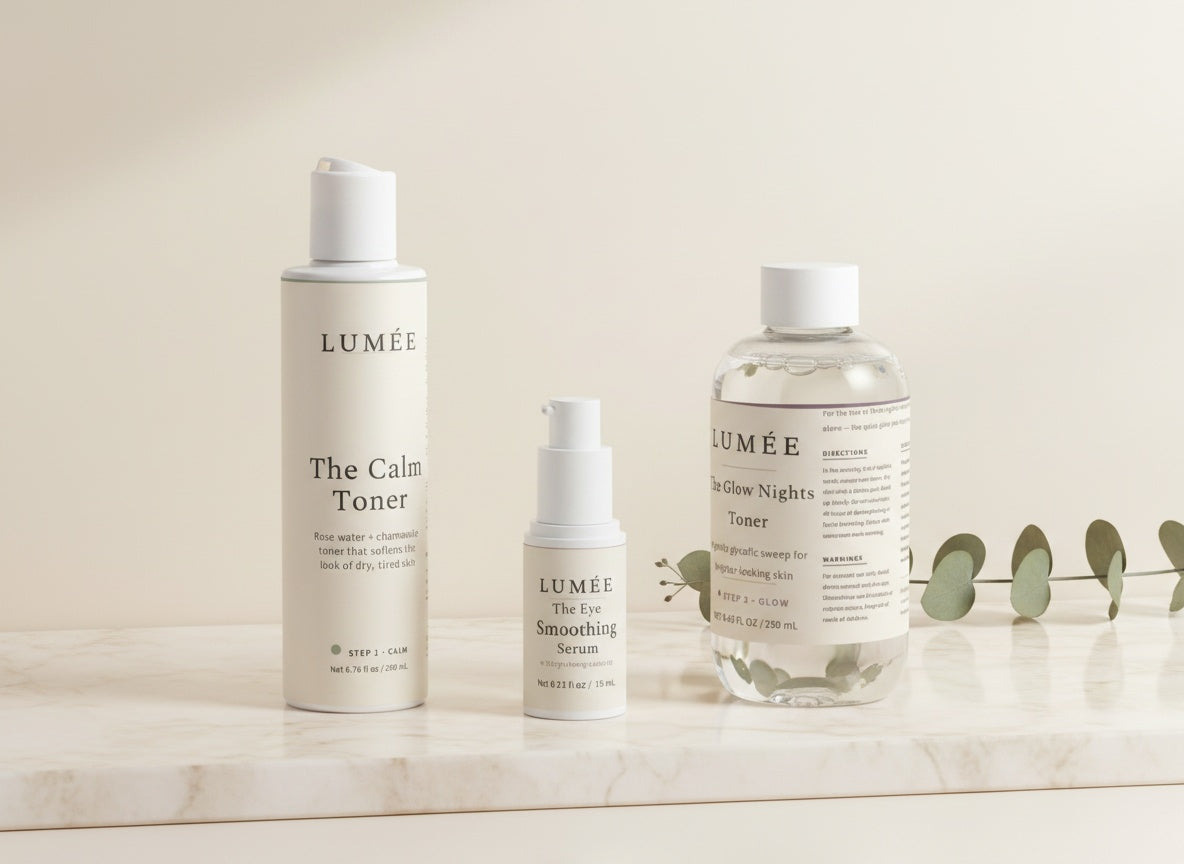 The Fresh Face Ritual — the three bottles together: Step 1 The Calm Toner, Step 2 The Eye Smoothing Serum, Step 3 The Glow Nights Toner, on warm marble in morning light