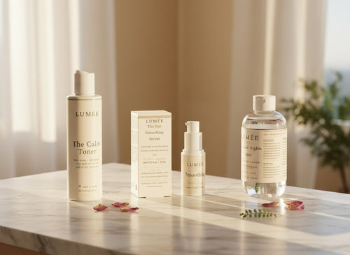 The Fresh Face Ritual — Step 1 The Calm Toner, Step 2 The Eye Smoothing Serum, Step 3 The Glow Nights Toner on a marble counter in morning light
