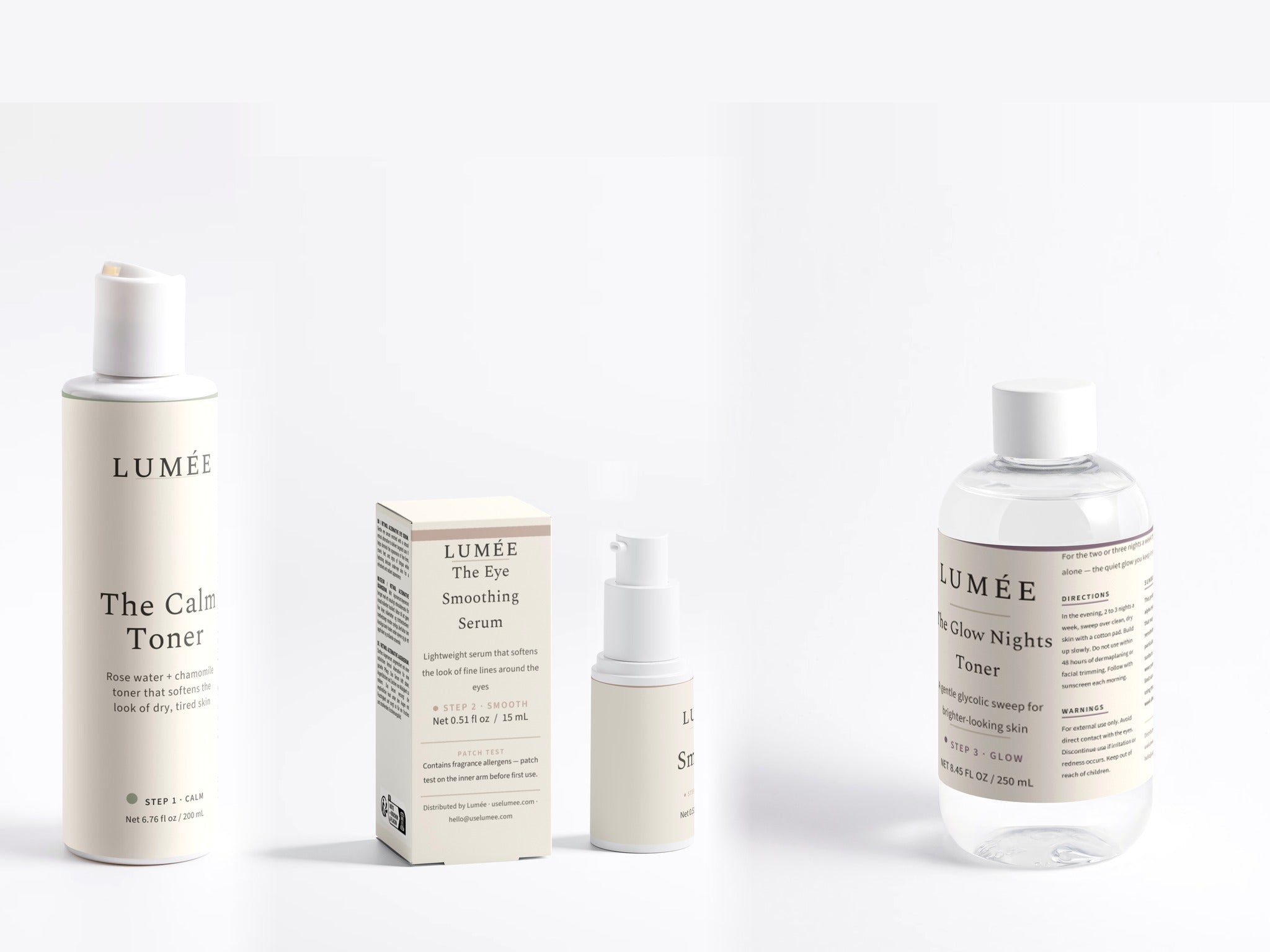 The Fresh Face Ritual — Step 1 The Calm Toner, Step 2 The Eye Smoothing Serum, Step 3 The Glow Nights Toner, together