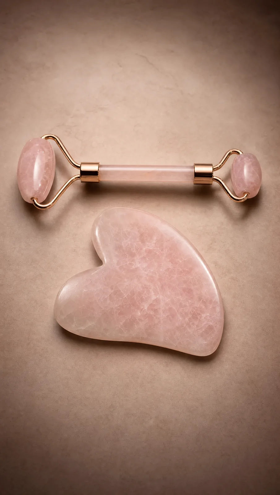 Lumée rose quartz gua sha and roller, editorial product shot on cream