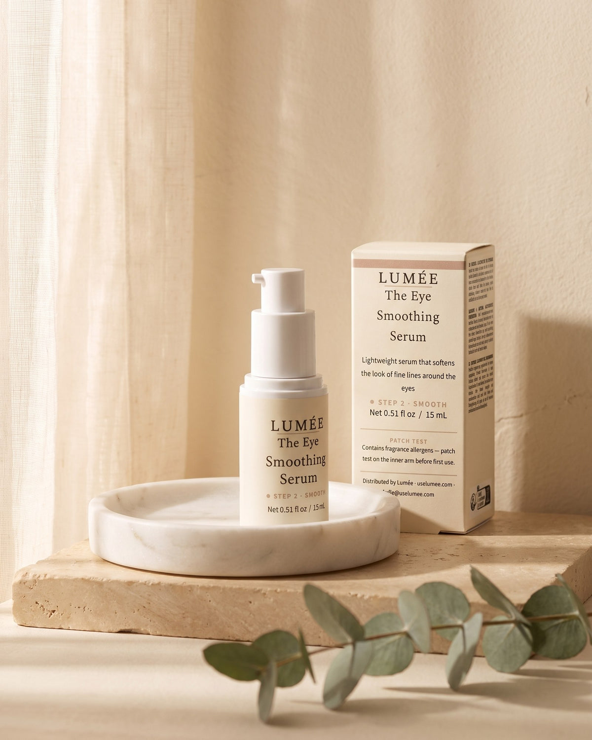 The Eye Smoothing Serum — bottle and box in sheer morning light