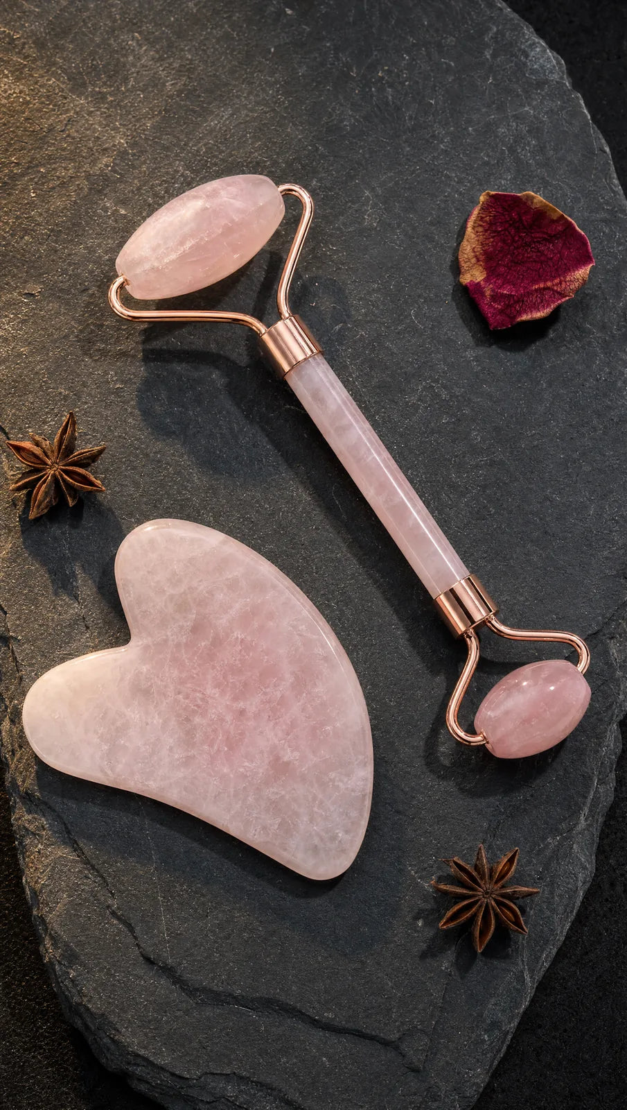 Lumée rose quartz gua sha and roller on dark slate, framed by star anise and rose petals