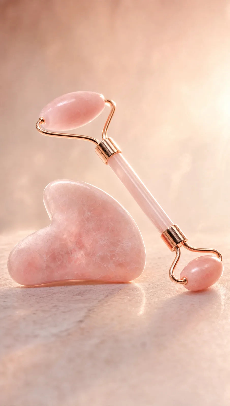 Lumée rose quartz gua sha and roller in warm morning light on pink marble
