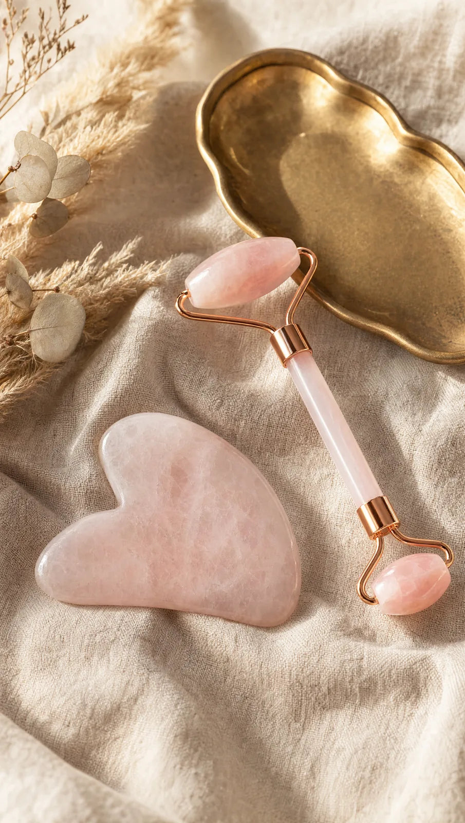 Lumée rose quartz gua sha and roller resting on cream linen beside a brass tray and eucalyptus